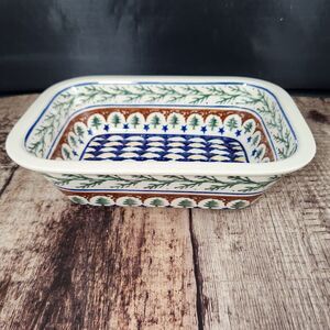 Polish Pottery Loaf Baker Christmas 9.75 x 7" Boleslawiec Blue Pine Tree Branch